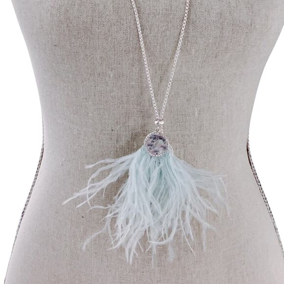 VTG Signed Carol Dauplaise Necklace Silver Tone Light Blue Feathers, Y2K Boho - Picture 1 of 9